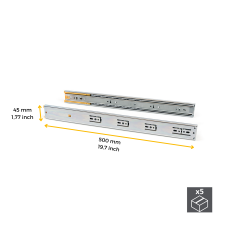 Paire de coulisses pour tiroirs, à billes, 45 x 500 mm, sortie totale, fermeture amortie, Zingué, 5 ut. 